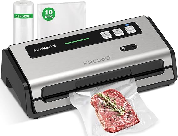 FRESKO Food Vacuum Sealer with Automatic Bag Detection, 0.2-inch Widened Heating Strip, Built-in Bag Roll Storage & Cutter, 2 Rolls Bags, Starter Kit