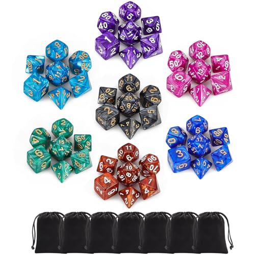 QMay Polyhedral Dice Set - 7 x 7 (49 Pieces) DND Dice with 7PCS Black Drawstring Bags Great for Dungeons and Dragons, RPG, MTG,Role Playing Table Games D4 D6 D8 D10 D% D12 D20