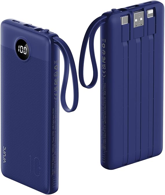 VRURC Portable Charger for iPhone, USB C Power Bank 10000mAh, Slim Travel Battery Pack with Built in Cables, 5 Outputs 2 Input Portable Phone Charger for iPhone 17 16 15 14 13, Samsung, Android-Navy