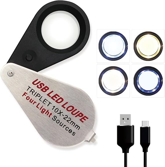 10X Rechargeable Jewelers Loupe with UV & LED Lights, Four Light Modes, Illuminated 22mm Eye Loop Magnifier Pocket Folable Jewelry Magnifying Glass for Jewelry, Currency, Gemstone, Coins, Stamps