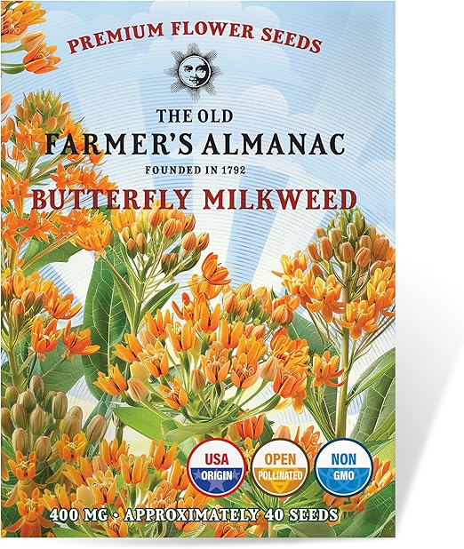 The Old Farmer's Almanac Butterfly Milkweed Flower Seeds - Premium Non-GMO, Open Pollinated, USA Origin (1 Packet - 400 MG - Approx 40 Seeds)