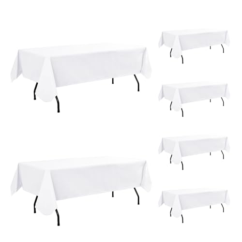 Enjoyidea Vinyl Tablecloth with Flannel Backing-6 Pack White 60x102 Inch Outdoor Waterproof Rectangle 6 Foot Plastic Table Cloths Sheets-Wipeable Heavy Duty Oilcloth for Picnic Party Camping Dining