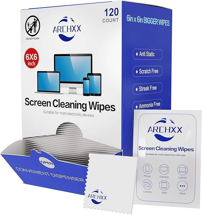 ARCHXX Screen Wipes for Electronics, 120 Count 6"x6" Pre-Moistened Screen Cleaner for Screens, Computer,Laptop,Tablet,Phone,Monitor,Car Screen Cleaner, Lens Wipes Individually Wrapped