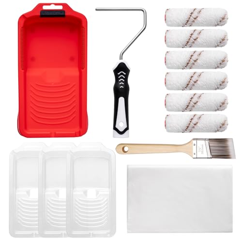 Mister Rui Mini Paint Roller Kit-13 Piece, Small Roller Paint Brush & Frame | 4-Inch Microfiber Paint Rollers, Paint Tray with 3 Liners, Ergonomic Handle for Painting Wall, Cabinets, Trim, and Touch-Ups