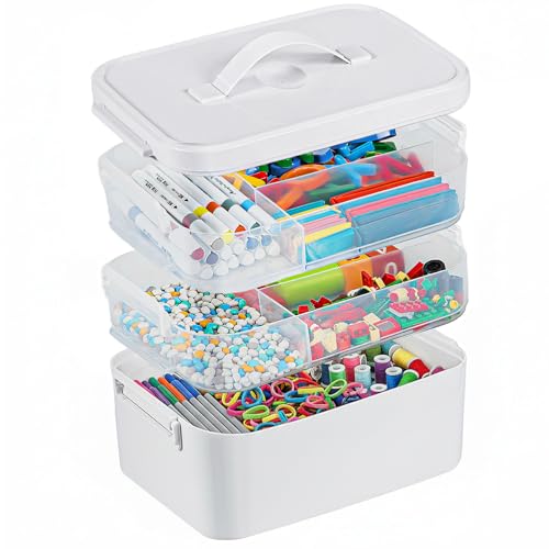 3-Layer Plastic Craft Organizers and Storage Box with Removable Trays, Storage Containers with lids and Handle, Art Supply Storage Organizer for Bead, Ornament, Nail Polish, Tape（10.62"x9"x7.67"）