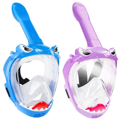 Snorkeling Gear for Kids, Full Face Snorkel Mask, Kids Snorkeling Set Featuring Anti-Leak and Anti-Fog Foldable Dry Top for Safe Underwater Adventures, 2 Pack