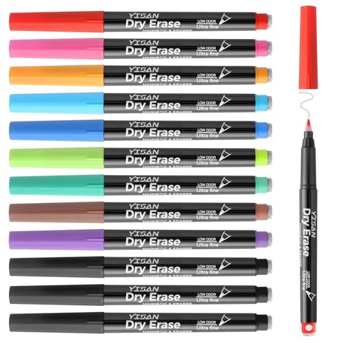 YISAN Magnetic Dry Erase Markers,10 Colors, Ultra Fine Tip, 0.7mm | Extra Fine Point, Magnetic Whiteboard Markers with Erasers,Low Odor,12 Count,70566