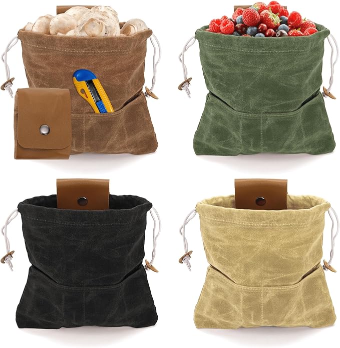 Youeon 4 Pcs Waxed Canvas Foraging Bag Set, Collapsible Mushroom Hunting & Camping Pouches with 2 Small Pockets, Multi-Use Leather Belt Bag for Outdoor Hiking, Tool Storage, 4 Colors