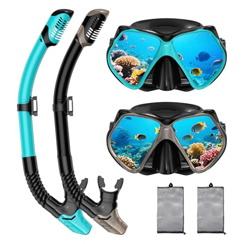 Snorkeling Gear for Adults, Anti-Fog Snorkel Mask Set with Dry Top Snorkel | Comfortable Fit, Panoramic HD Tempered Glass Diving Scuba Mask, Anti-Leak Swimming Goggles Nose Cover with Travel Mesh Bag