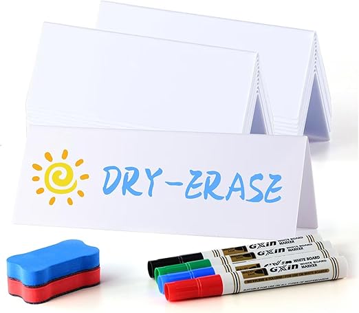24 Pcs Dry Erase Name Tent Cards for Table, Reusable Name Cards 8.75" x 3" Desk Name Tents Sets with Dry Erase Markers and Erasers, Facilitate Effective Organization of Meetings and Classes