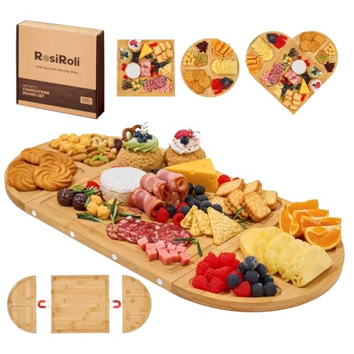 RosiRoli Magnetic Bamboo Charcuterie Board Set, 3-Piece Serving Tray | 100% Natural Bamboo, Magnetic 3-Piece Transformable Layout,Built-in Juice Grooves, Fits Parties and Gatherings