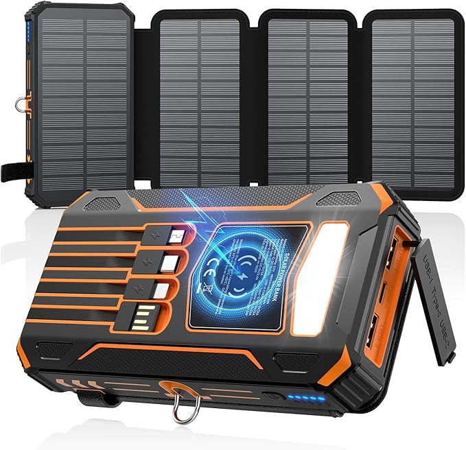 SOARAISE Solar Charger Power Bank - 48000mAh Wireless Portable Charger Built-in 4 Cables and 4 Solar Panels, PD QC 3.0 Fast Charging USB C Battery Pack with Flashlight for Camping Travel