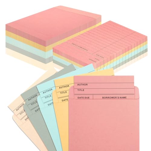 100 Pieces Colorful Library Pockets and Cards, 5 Colors Library Check out Cards Library Card Pocket with 60PCS Removable Adhesive Dots for School Office Public Library Books (Multicolor)