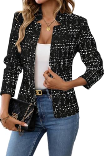 ELLEVEN Womens Blazer Business Casual Suit Jacket Tweed Blazers for Women Slim Fit Fitted Long Sleeve Stand Collar Blazer Dressy Full Lining Coat Cardigan with Padded Shoulder Black Small