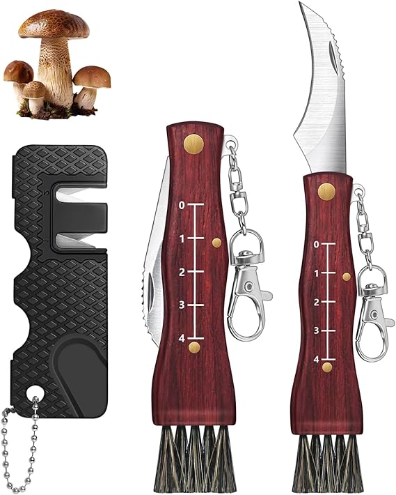 2 Pack Mushroom Knives with Brush & Knife Sharpener, Folding Pocket Knife with Wood Handle for Men Women, Foraging Kit for Outdoor Camping