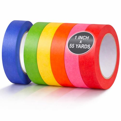SWRT Colored Masking Tape, 1 Inch x 55 yds, 6 Rolls, Rainbow Colors | Colored Painters Tape, Paper Tape for Art, Labeling, Teacher Supplies, Tape for Kids Decorations, DIY Projects