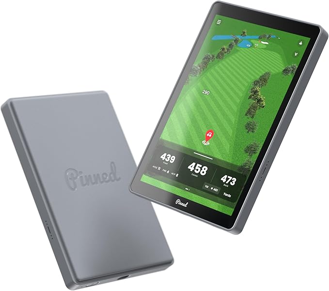 Pinned Golf Portable GPS Tablet - The Caddie - Magnetic, Weatherproof, Touchscreen, FCB Distances - Golf Caddy 45,000 Course Maps - Gifts for Men - Gray