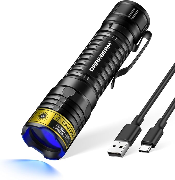 DARKBEAM UV Flashlight 365nm Blacklight LED Black Light, Mini but Powerful Woods Lamp Rechargeable Ultraviolet Flashlights USB -C, Pet Cat Urine Detector, for Uranium Glass, Rock, Resin Curing