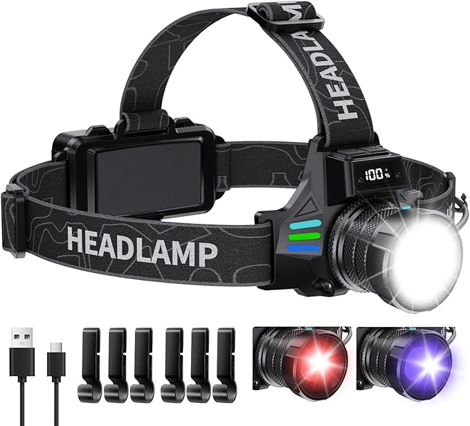 OMALIGHT Headlamp Rechargeable with White/Red/UV/Black Light Headlight,1080 High Lumens Super Bright LED Headlamps Battery Powered,16 Modes Waterproof Head Lamp for Hardhat Hunting Pet Urine Detection