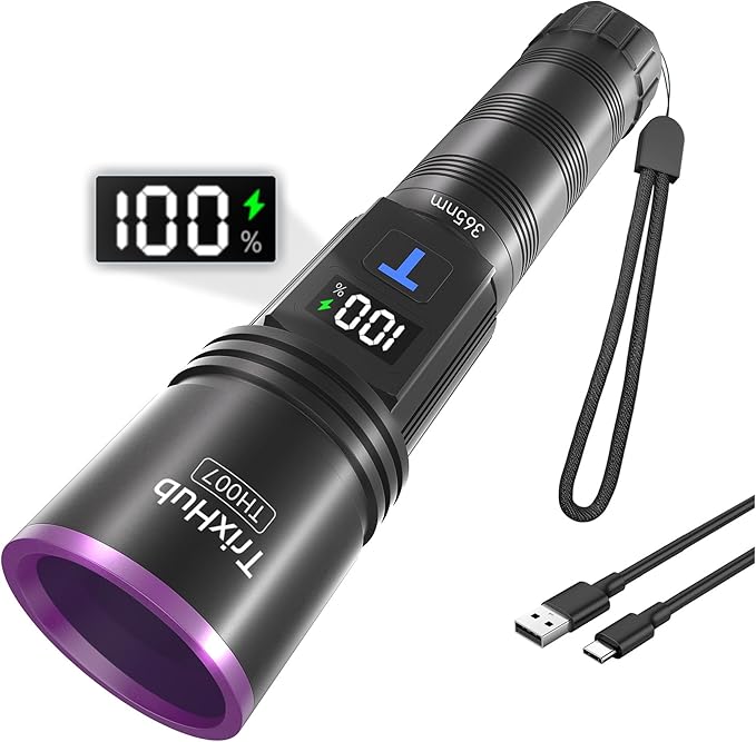TrixHub 365nm Black Light Flashlight, UV Flashlight Rechargeable with LCD Display, Powerful Ultraviolet Lights for Pet Urine Detection, Resin Curing, Rockhounding, Scorpion, Uranium Glass, A/CLeak
