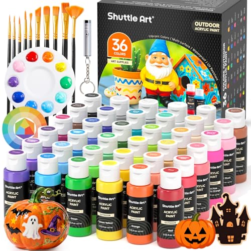 Shuttle Art Outdoor Acrylic Paint Set, 36 Colors 2oz/60ml Waterproof Acrylic Paint with 10 Brushes 1 Palette, Rich Pigmented Paints for Artists, Beginners on Rocks, Wood Crafts, Garden Statues