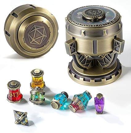 2026 DND Dice Set Alchemist’s Metallic Elixir Metal Dice Set - 7-Piece RPG MTG dice Collection in Vintage Chalice Caser dice Box for D&D, Sci-Fi, War, or Crime Theme MTG RPG Tabletop Games (Bronze)