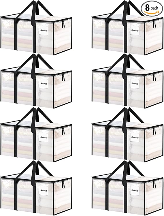 8 Pack Extra Large Heavy Duty Moving Bags, Clear Storage Bins with Lids, Reinforced Handles & Heavy-Duty Zippers Moving Boxes Storage Bags Totes for Clothes Packing, Dorms, College Supplies, Clear