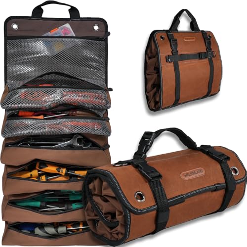WELKINLAND Heavy-Duty Waxed Canvas Tool Roll, 7-Pockets Tool Wrap Roll, 15L Tool Roll Bag, Large Roll Up Tool Bag For Mechanics.