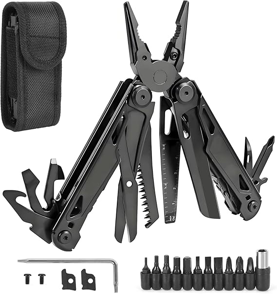 Multitool, 28-in-1 Stainless Steel Multi-Tool with Pocket Knife, Self-locking Pliers, Bottle Opener Professional Multi Tool for Outdoor, Survival, Camping, Hiking, Hunting - Black
