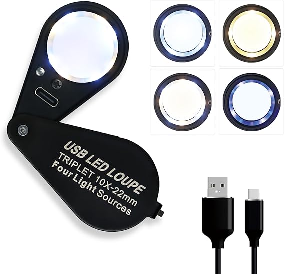 10X Rechargeable Jewelers Loupe with UV & LED Lights Four Light Modes, 22mm Triplet Lens Illuminated Folable Eye Loop Magnifier Pocket Jewelry Magnifying Glass for Jewelry, Gemstone, Coins, Stamps