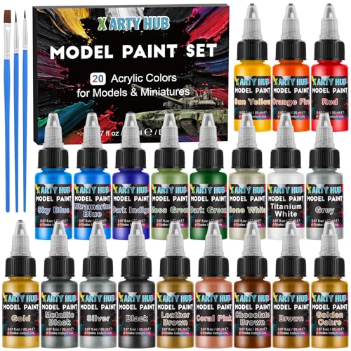 X ARTY HUB Model Paint Set - 20 Colors with 3 Brushes, Miniature Paints (Base/Skin Tones/Shadows/Metallics) for Airbrushing & Hand Painting, Acrylic Paint for Models, Miniatures & Wargaming Props