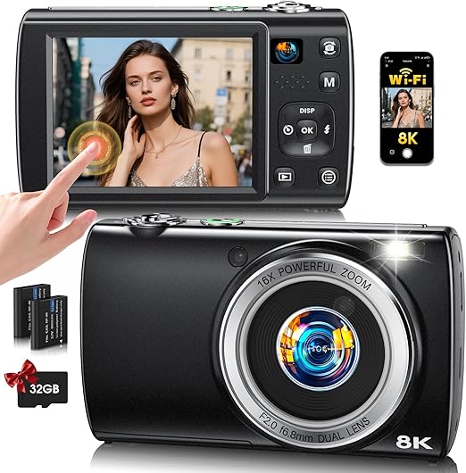 8K Digital Camera for Photography, 2026 Latest WiFi 88MP Vlogging Camera for YouTube with Dual Lens, Touch Screen, Autofocus Anti-Shake, 16X Zoom, Compact Travel Camera, 32GB Card, 2 Batteries, Black