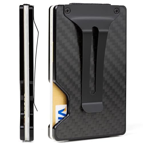 FIRDIKT Carbon Fiber Minimalist Wallet for Men, Slim Metal RFID Blocking Wallet Credit Card Holder Money Clip & Cash Strap, Scratch-Resistant Holds 15 Cards,Ideal Gift for Men | Matte Carbon Fiber