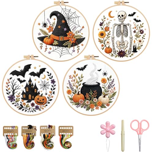 Halloween Embroidery Kit, Skeleton Cross Stitch Kits, 4 Set Craft Kits for Beginners with Pre-Printed Embroidery Fabric, Hoops, Step-by-Step Instructions, Color Threads & Needles (Halloween-4 Set)