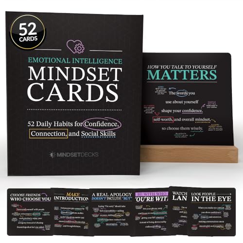 Emotional Intelligence Mindset Cards – 52 Daily Habits for Confidence, Connection & Social Skills – for Kids, Teens & Adults – Includes Wooden Display Stand – Gift for Teachers & Parents