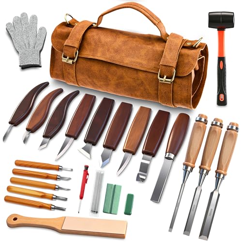 SakerNeo 25-Piece Wood Carving Kit Whittling Kit with Leather Storage Bag | Wood Carving Tools wood carving set Includes Gouges, Chisels, Knives – Ideal Woodworking Set for Beginners & DIY Gift