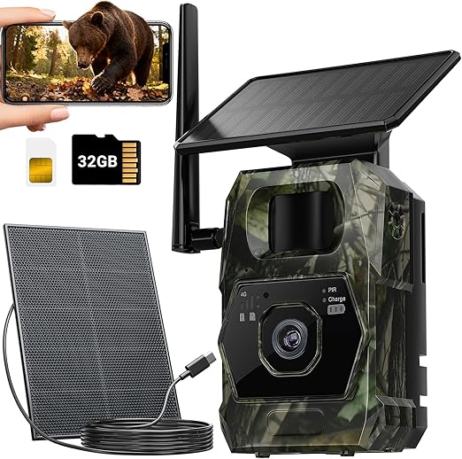 Ai Trail Camera Cellular — Game Camera with Built-in Solar Panel, 32GBSd and SIM Card, 100mp Photos, 4k Videos 2 Way- Talk with Night Vision Motion Activated Waterproof