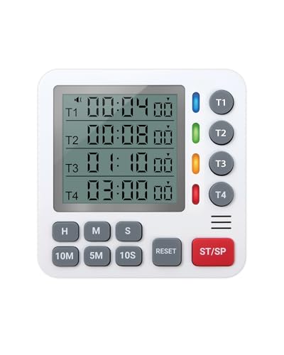 TPNEG Digital Kitchen Timer - 4-Channel Cooking Timer with Alarm, Magnetic Back, Loud & Silent Modes, Count Up/Down, Ideal for ovens, Seniors, Kids and classrooms, Replaceable AAA Battery