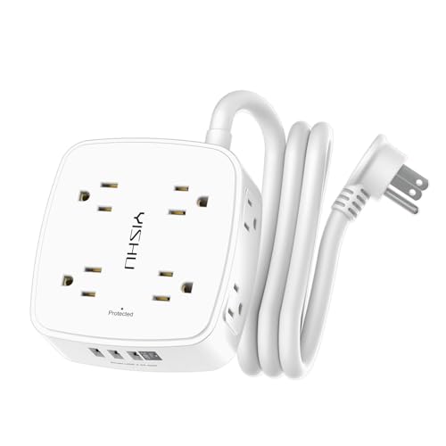 5Ft Surge Protector Power Strip - 8 Widely Outlets with 4 USB Ports, 3 Side Outlet Extender with 5 Feet Extension Cord, Flat Plug, Wall Mount, Desk USB Charging Station, ETL,White