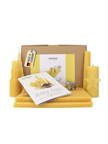 Wachsmann DIY Beeswax Candles Craft Set - Starter Set for 10 Candles in Many Colours - 100% Pure Beeswax from Germany, Includes 10 Hemp Wicks & Illustrated Instructions (English language not