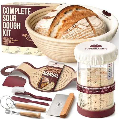 Superbaking Sourdough Starter Kit: 9" Banneton Basket, Silicone Sling & Jar