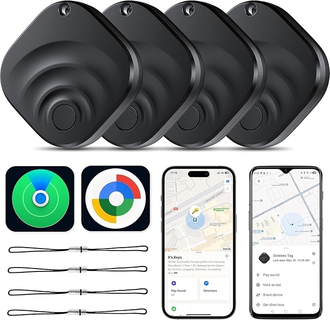 2026 Air Tracker Tags Item Locator for Android & iOS Bluetooth Tracker Smart Tags Compatible with Apple Find My (iOS) & Google's Find Hub(Android) for Keys, Luggage, Wallet, Vehicles (4 Pack Black)