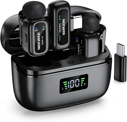 NEEWER KM19 Lightweight Wireless Lapel Microphone, 48kHz/24bit 30H Battery 3-Level Noise Cancelling Mute Stereo 100m Range Mini Lav Mic with App Control, Compatible with iPhone Android Phone PC