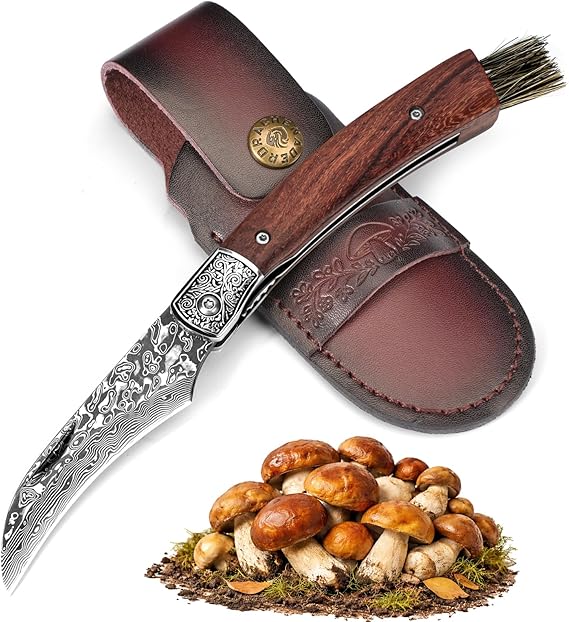 DRACHENADER Mushroom Knife with Brush, Folding Foraging Knife with VG10 Damascus Steel Blade, Curved Blade Mushroom Harvesting Knives with Leather Sheath for Camping