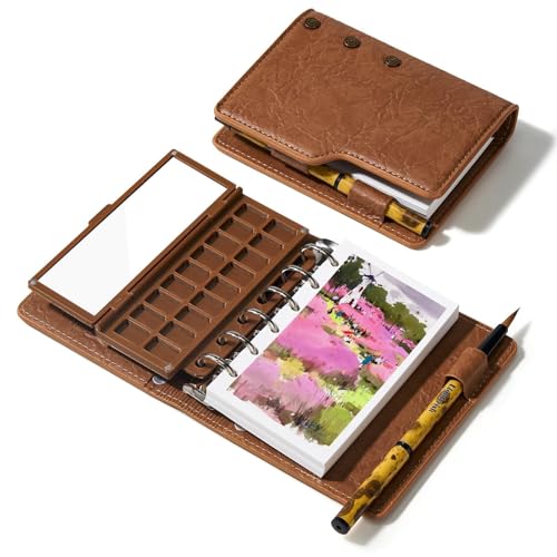Portable Watercolor Sketchbook Set - 100% Cotton 5.1x3.0 Inch Cold Press 20 Sheets Binder Art Journal with 18-Well Ceramic Paint Palette & Travel Watercolor Brushes for Artists Outdoor Painting