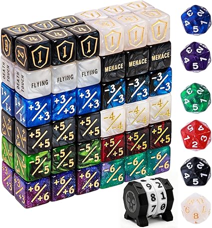 79 Pcs MTG Dice Set in 12 Colors with Plus 1 Life Counter Dices, Buff Ability Keyword Tokens, Shield and Spindown Dice, Life Counter Wheel Bag for MTG, TCG, Cards Gaming Accessories (Black and White)