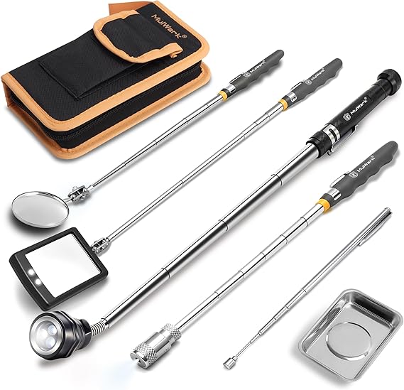 Mulwark 7-Piece Telescoping Magnetic Pickup Tool Set, Versatile Magnet Tool with 1lb & 5lb Magnet Sticks, 360° Swivel Inspection Mirror & Parts Tray, Ideal Gifts for Men, Dads, Mechanics