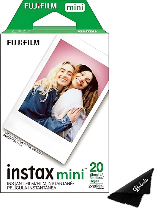 Fujifilm Instax Mini Film - Twin Pack 20 EXP Total, ISO 800, Compatible with Instax Mini Evo, 12, 11, 9 Models, Includes Balveli Premium Microfiber Cleaning Cloth