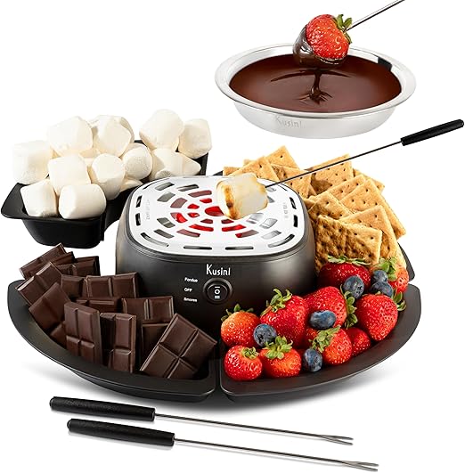 Kusini 2 in 1 Electric Fondue Set & Smores Maker Tabletop Indoor Kit with Removable Trays & 4 Skewers – Smores Station Chocolate Melting Pot - Unique Couple Gift Set Idea, Date & Movie Night Supplies