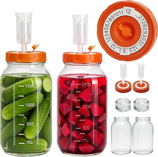 64oz/1.9L Fermentation Jar Kit, 2 Pack Fermentation Kit with Glass Jars, Fermenting Weights,Seal Lids Can Mark Date and Airlocks for Pickling Sauerkraut Easy Fermenting & Storage(Jar Included)